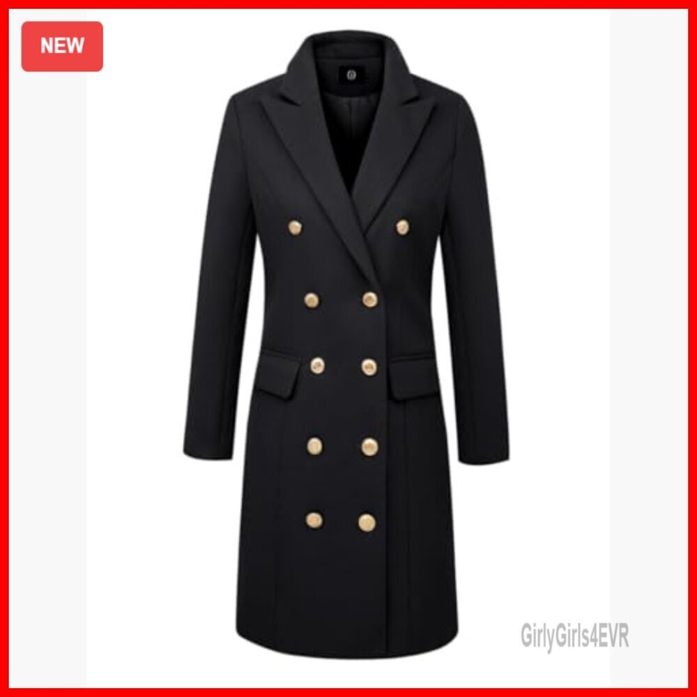 Wool Pea Coat Double Breasted Midi Trench Coat Fall Winter Slim Fit - Picture 3 of 5